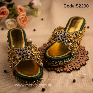 Green Stone Work Bridal Heel Shoes